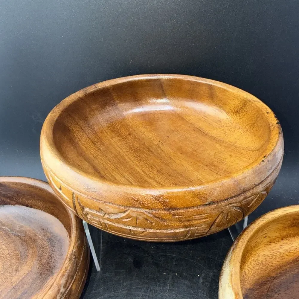 Set of 5 Hand Carved Monkey Pod Wood Bowls Asian Landscape Serving Bowls